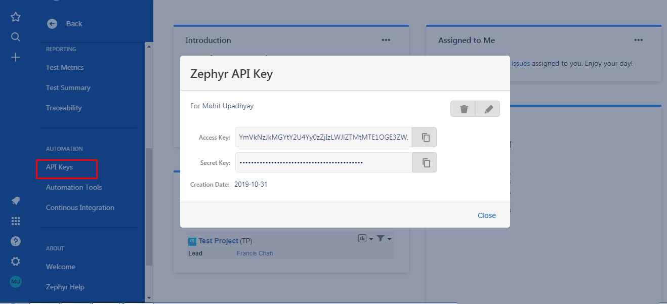 Zephyr API Key Screen 1