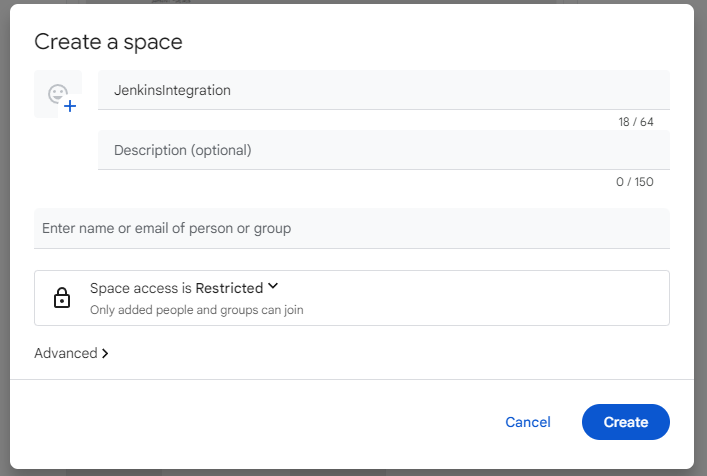 image of Space creation in google chat