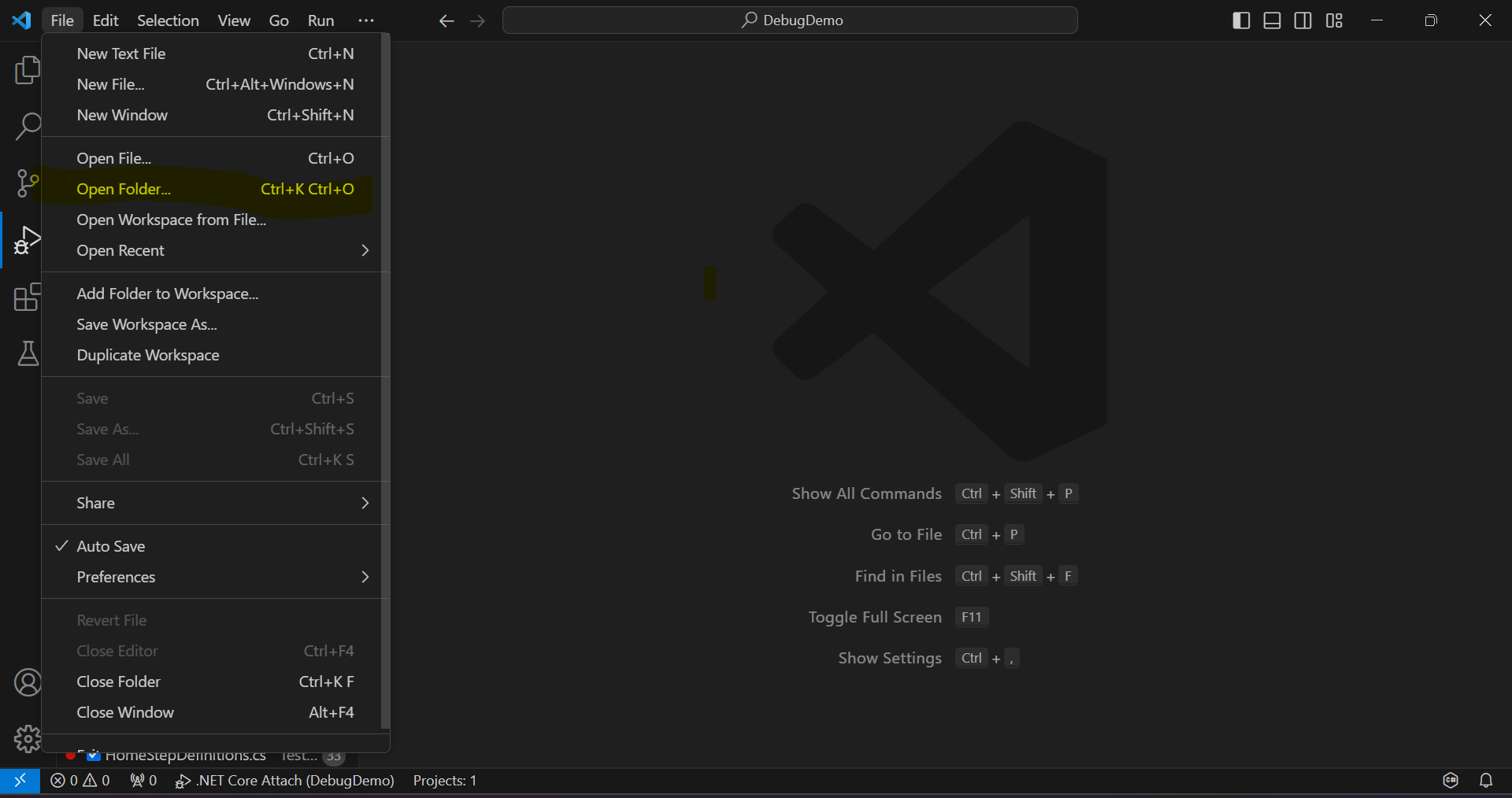 Image of VS code menu